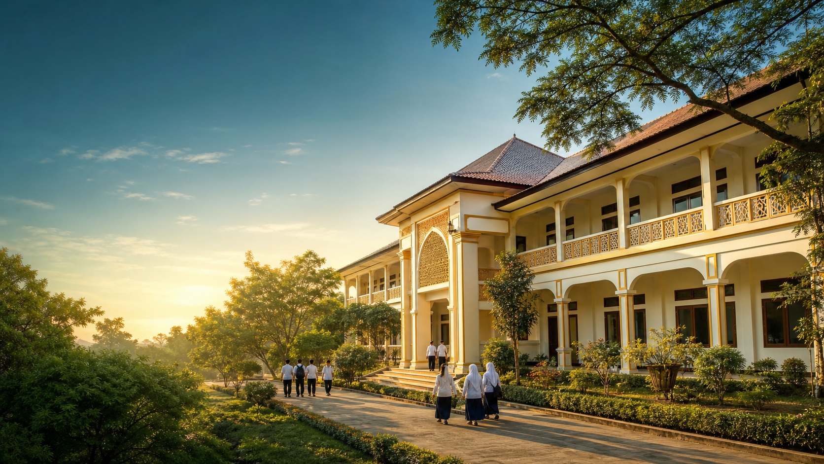 Lingkungan kampus pendidikan dengan gedung sekolah dan pepohonan di pagi hari.